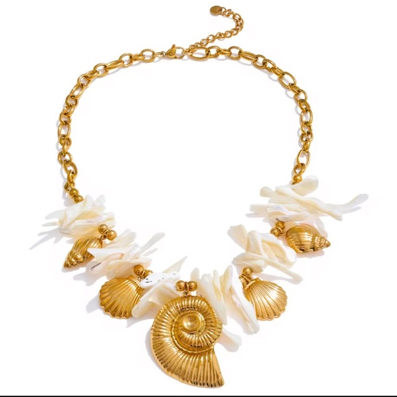 Seashell Statement Necklace – Stainless Steel PVD Gold Plated with Resin Accents - Picture 1 of 12